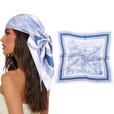  27.5” Square Satin Head Scarf Hair Scarf for Women's Landscape Painting (Blue)