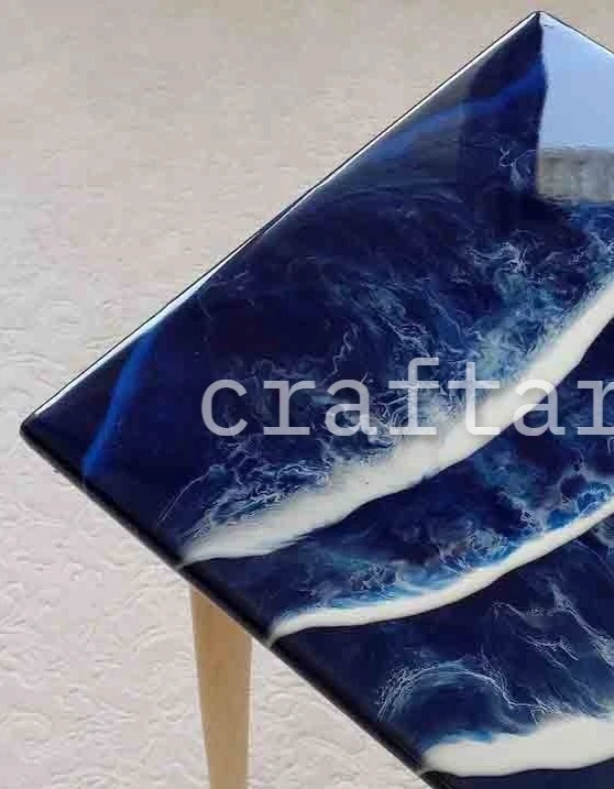 Mesa de centro Ocean Wave de resina azul epoxi forma cuadrada hecha a mano arte y decoración del hogar Foto 3 de 4