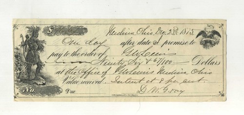 Antique 1875 Bank Check Draft Medina Ohio Native American Indian Handwritten