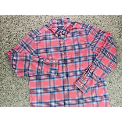 Vineyard Vines Button Down Shirt Mens Large Linen Cotton Pink Blue Plaid Stretch