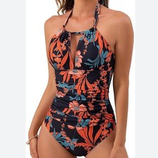 NWOT Women  s One Piece Swimsuit Deep Plunge Halter High Waisted Tummy Control