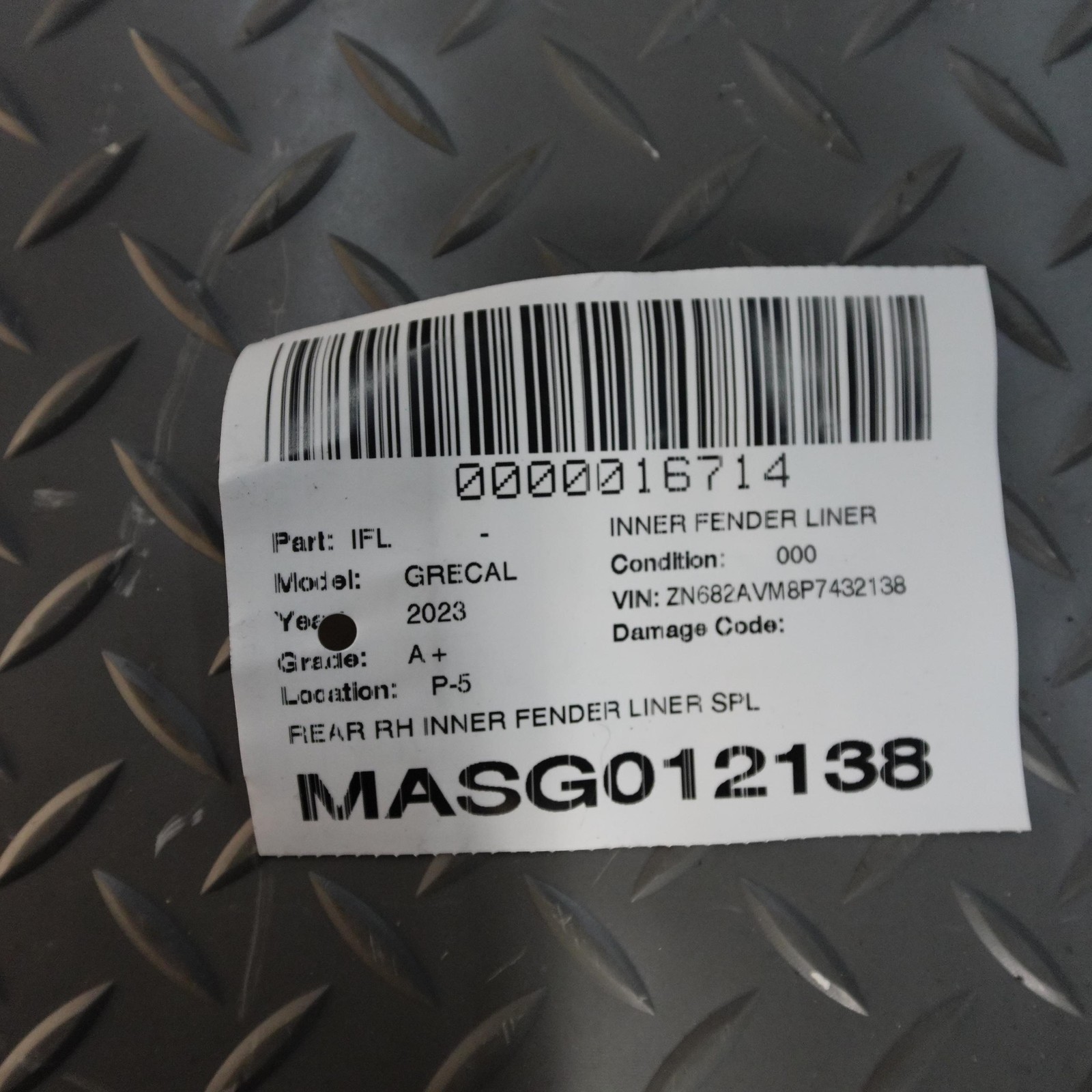 Maserati Grecale Folgore 2023-2026 Rear Right Inner Fender liner P/N 6701573770