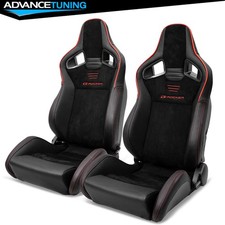 Reclinable Pair Racing Seats Dual Slider Suede Pu Carbon Leather Red Strip