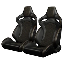 Braum Black Leatherette & Honeycomb Alcantara W/Orange Stitch ORUE-S Seats -Pair
