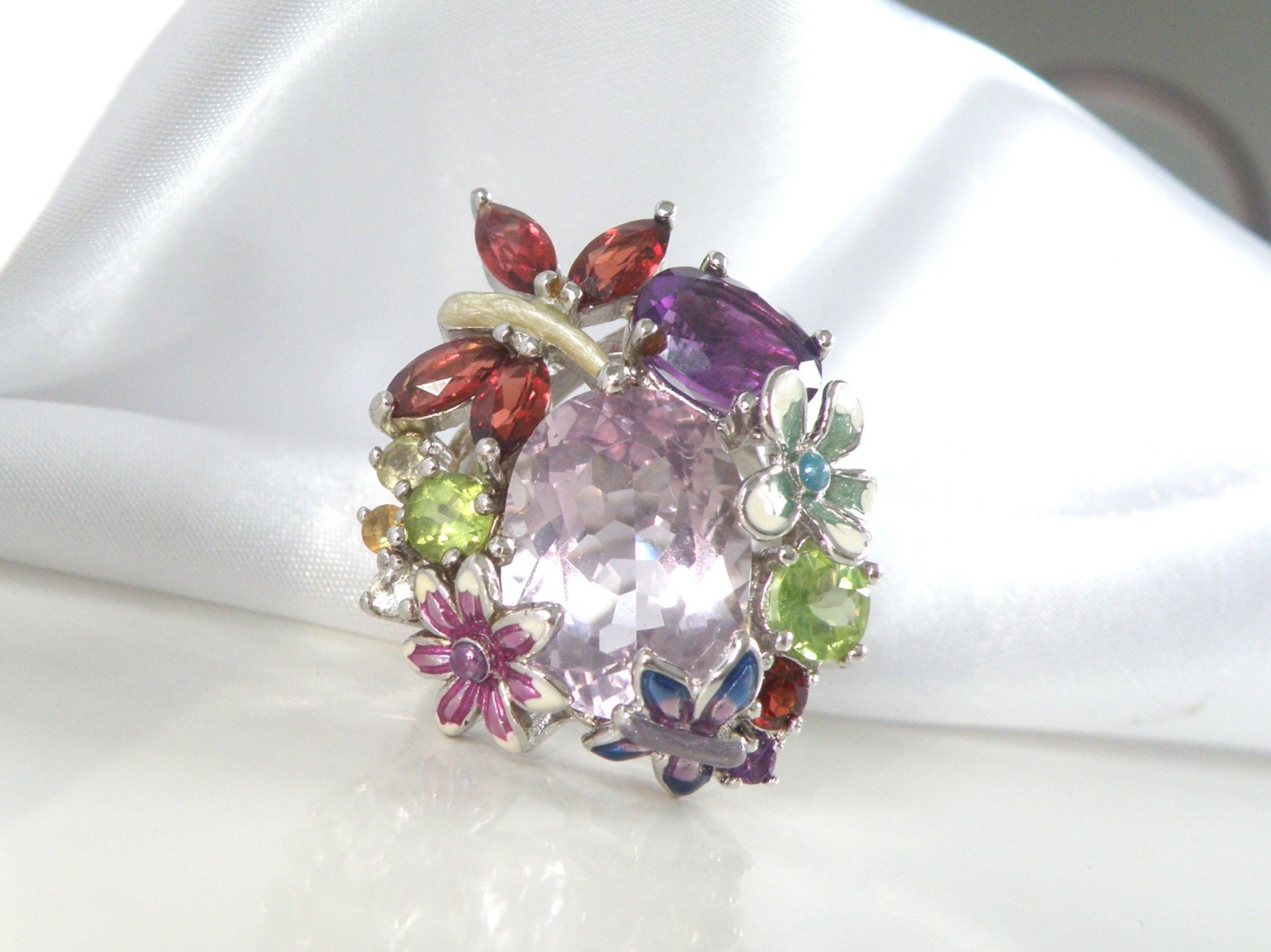 Sterling Silver 925 Huge Amethyst Enamel Gemstone Statement Ring Size 5