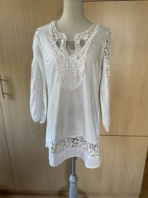   Rainbow Tunika Longbluse Strand Spitzenbesatz Gr.36 Gr.S Weiß