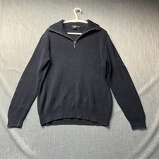 J. CREW Men's Sweater Size L Blue Ribbed Hems Cuffs 1/4 Zip Collared 100 Cotton