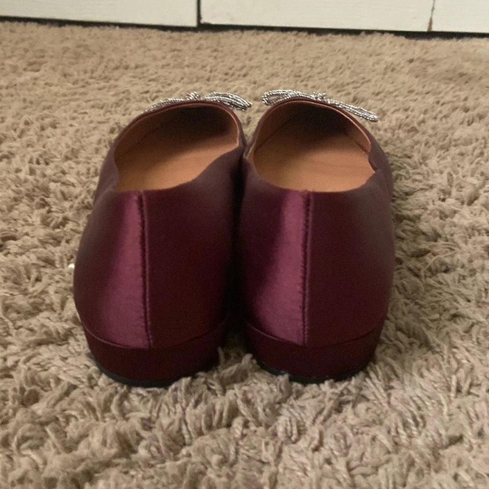 J.Crew Nuevo sin caja Borgoña Satén Pisos Plateados Metálicos Arco Talla 10 Eventos Especiales Otoño Foto 3 de 4