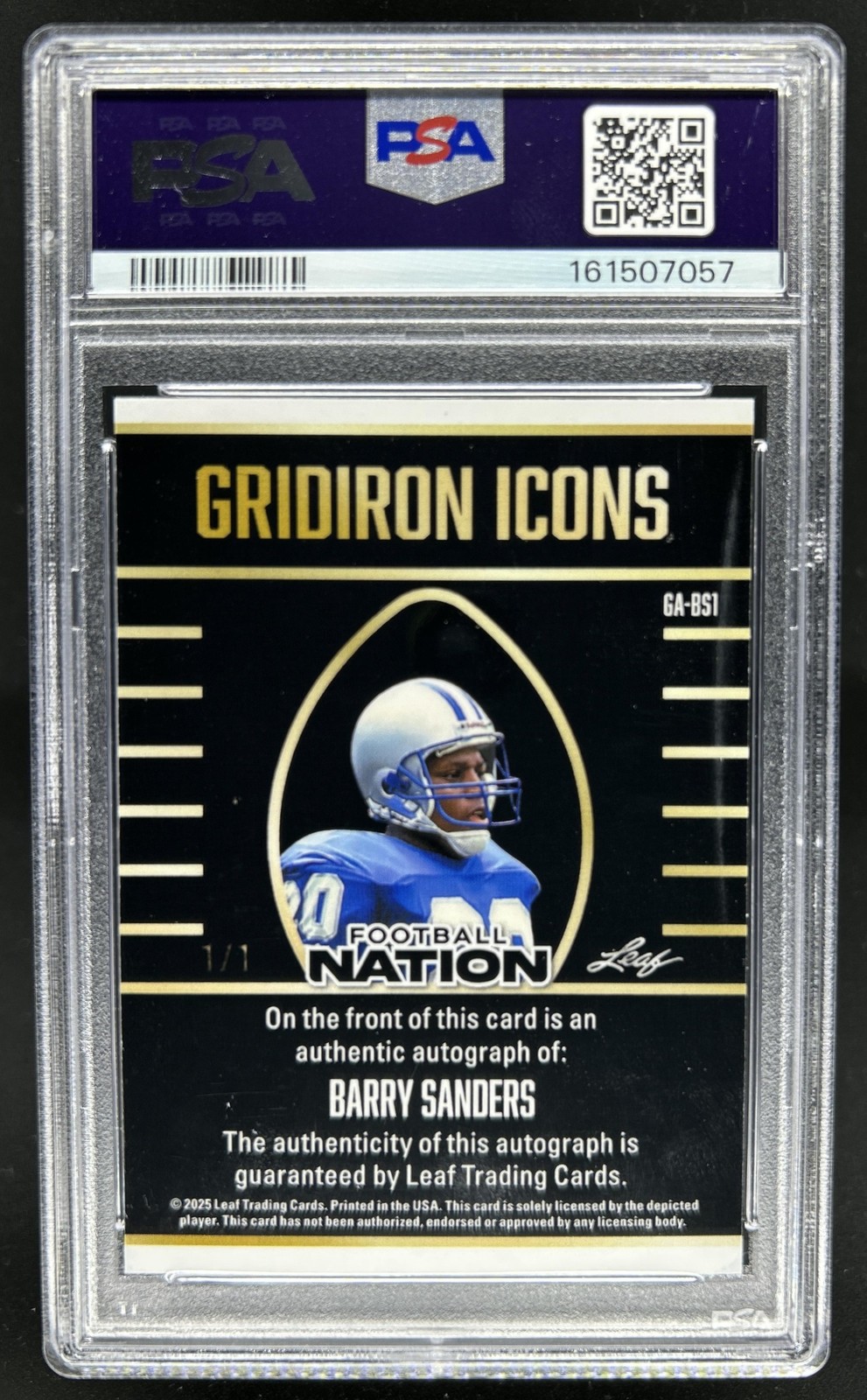 2025 Leaf Football Nation Barry Sanders Gridiron Icons Auto Red Flood #1/1 PSA 8 view 2