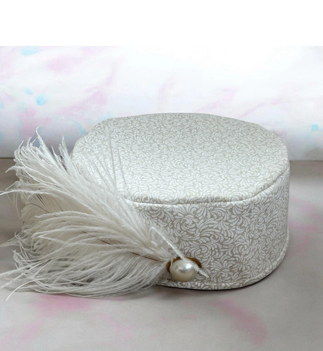 VTG Pillbox Hat Beige W/ Draped Mauve & White Chiffon Fabric Rhinestone Brooch Beige Vintage Hats Pillbox Straw for Women for sale | eBay main image 4