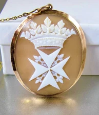 Antique 9 Karat Rose Gold Maltese Cross and Crown Cameo Brooch "Order Of Malta"