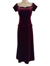 Red Wine Velvet Velour Embellished Crystals Long Hi-Low Gown Maxi Dress Size M