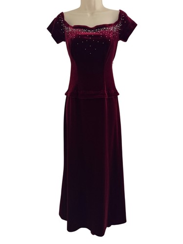 Red Wine Velvet Velour Embellished Crystals Long Hi-Low Gown Maxi Dress Size M