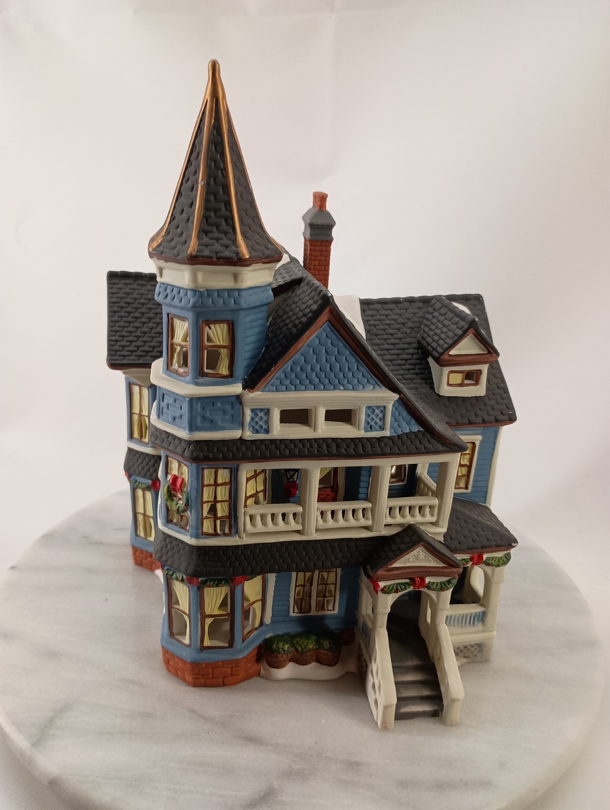 Vintage Blue Victorian Ceramic 3-Story Christmas Village House