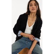 Free People Black Poppy Linen Blend Blazer Flip Cuff Oversized Career Classic M