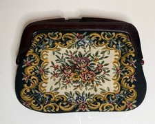 Vintage Floral Tapestry Clutch Evening Bag Hinged Lucite Clasp Kiss Lock