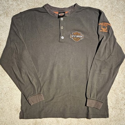 Vintage Y2k HD Ukiah CA Skull Logo Mens L Henley T-shirt Gray Harley Grunge 2000