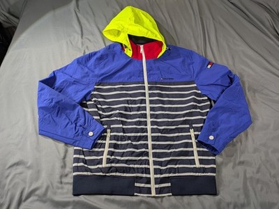 Tommy Hilfiger Jacket Mens Large Colorblock Striped Hooded Nautical Windbreaker