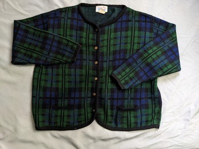 Vintage Tally Ho Cardigan Womens Size 2X Blue Green Tartan Academia Preppy