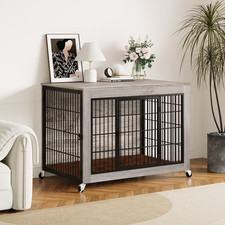 38.5" Gray Dog Crate House End Table Furniture Two Door House Wheels Cushion New