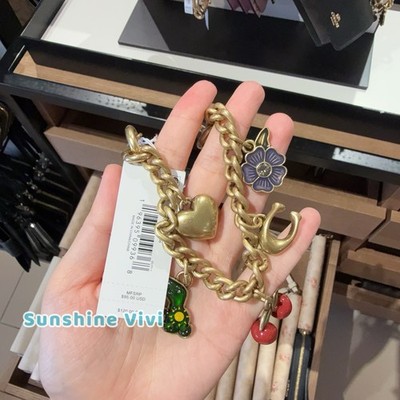 NWT Coach Motif Chain Bag Charm In Metal/Brass/Multi Heart Cherry C CN119