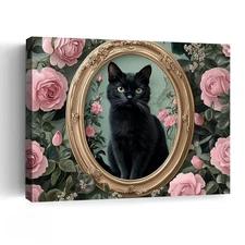 Cat Art Decor Black cat portrait with pink roses, elegant wall decoration