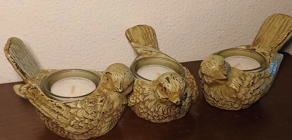 3 Bird Votive Candle Holder Figurines Set Resin Rustic Table / Shelf Decor Light - Image 3 of 4