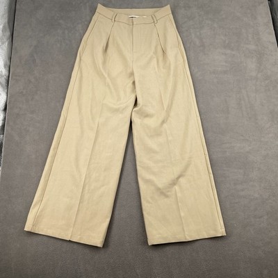 Anewsta Dress Pants Womens Medium Beige Linen-Blend Pleated Wide Leg Business