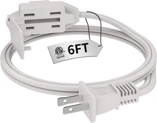 Indoor White Extension Cord 6 Feet, 3-Outlet Household Extension Cord, 2 Prong, 