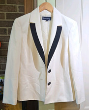 Evan-Picone Women  s White Blazer Suit Jacket Black Trim Button Front Lined 10