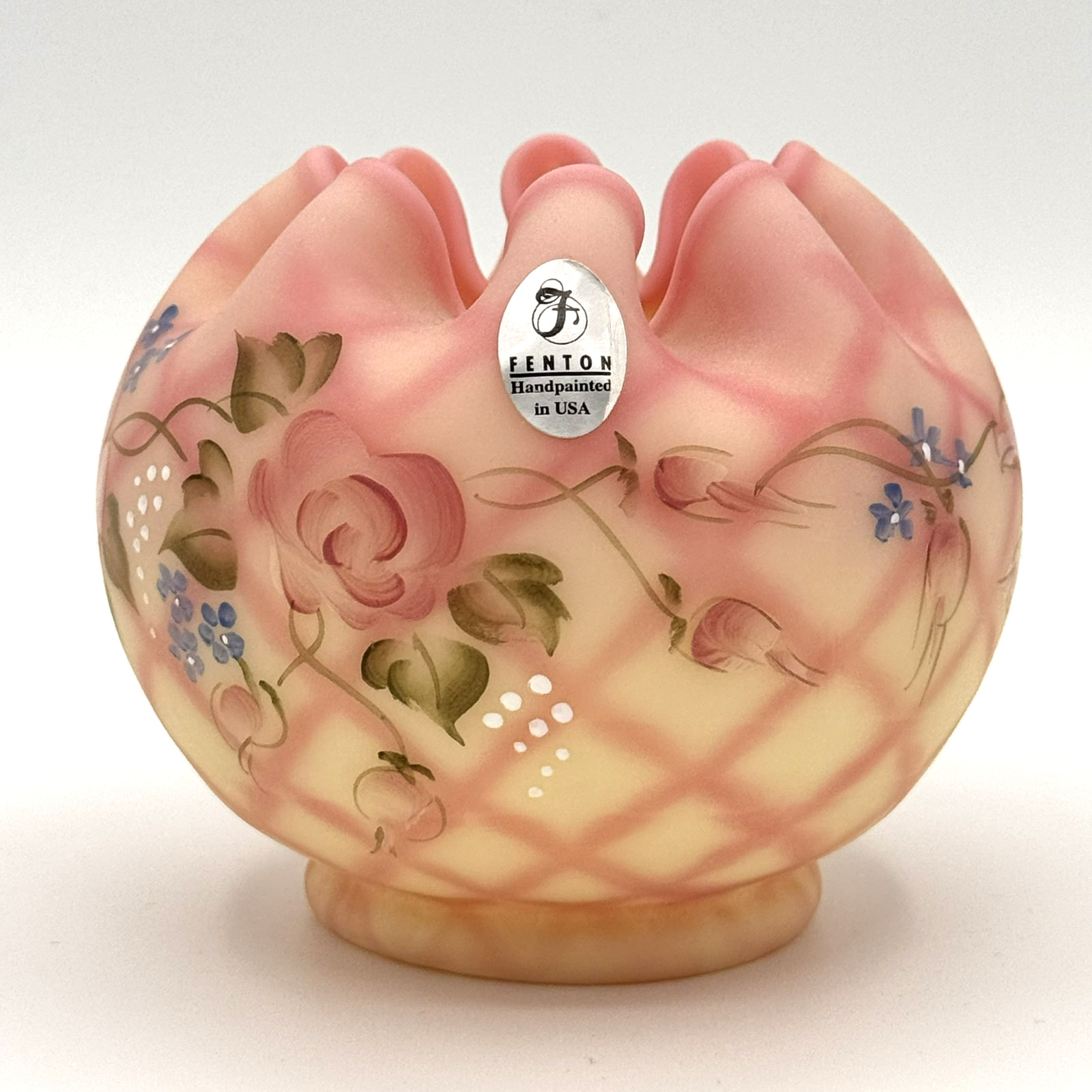 Fenton Uranium Burmese Diamond Optic Rose Bowl Vase Vintage VGC Signed