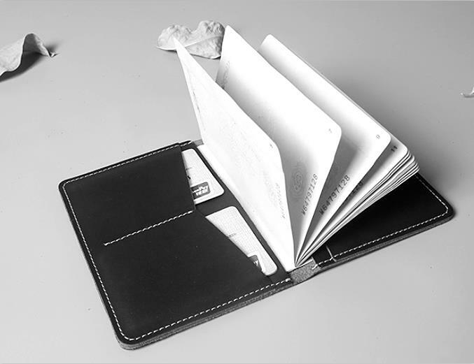Cow leather bifold passport holder wallet with card slots - black 558-image