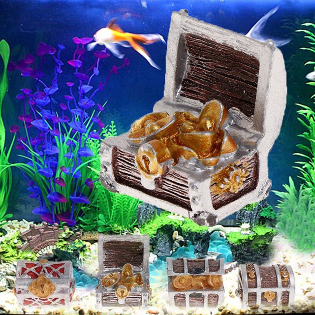 Aquarium Fish Tank Treasure Chest Box Resin Landscape Gold Coins Decor