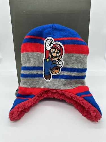 Nintendo Mario Red Blue Gray Youth Beanie Winter Hat Ear Flap 2022