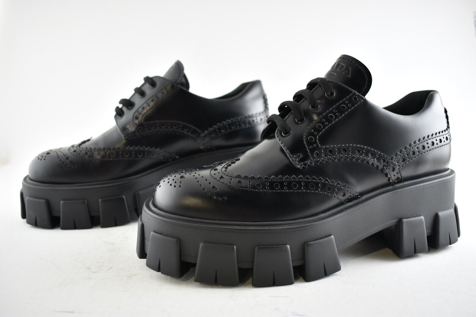 Prada Monolith Brogue Black Leather Platform Loafer Creeper Lace Up Flat 41.5 image 8