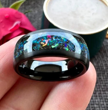 Men's 8mm Black Tungsten Celestial Galaxy Crushed Opal Comfort-Fit Wedding Band