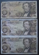 AUSTRIA ,  P 142, 20 schilling,  1967,  3 used notes