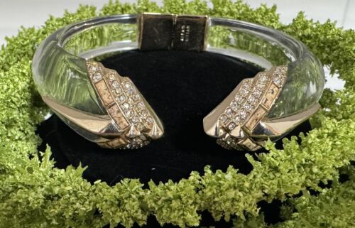 Alexis Bittar Signed Clear Lucite Rhinestone Hinged Cuff Bracelet. #750