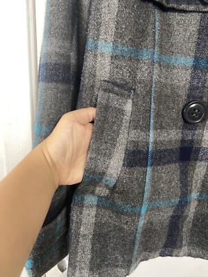 Charles Klein Women Plaid Blue Grey Wool Blend Coat Button Size M  