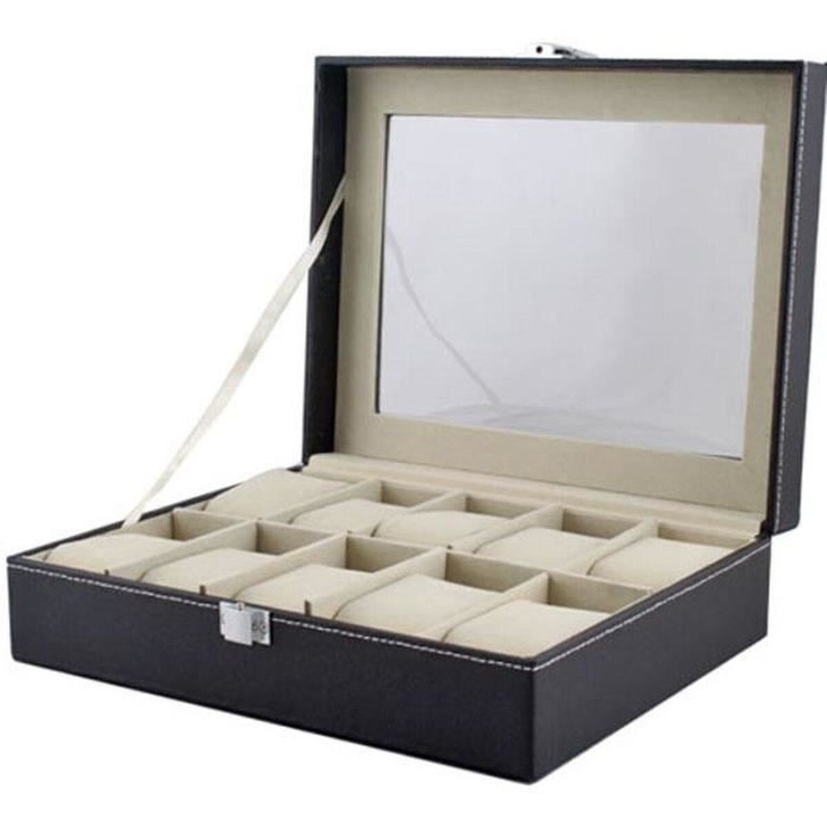 Coffret De Rangement Pour 10 Montres - Boîte à Montre En Simili Cuir Noir, Vitrine Présentoir