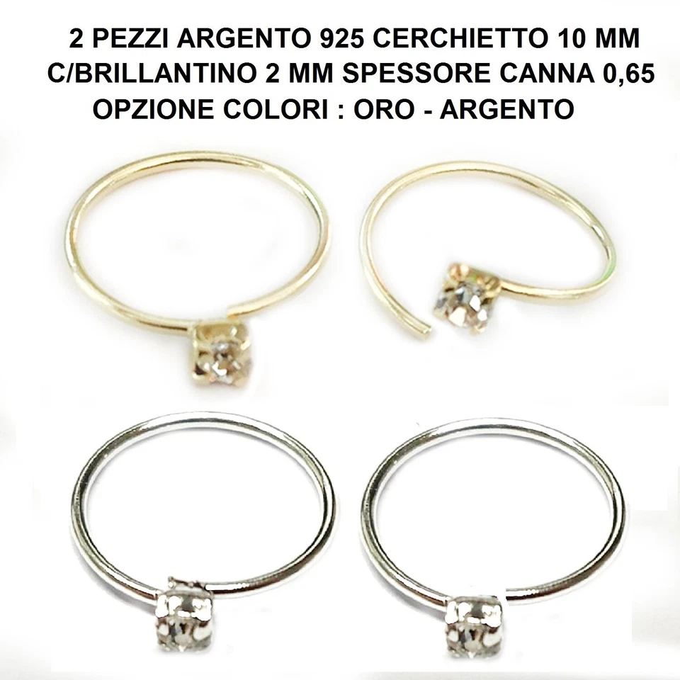 2 Anelli Piercing Naso Argento 925  Anello Aperto Cerchietto 10 m e Brillantino - Immagine 2 di 4