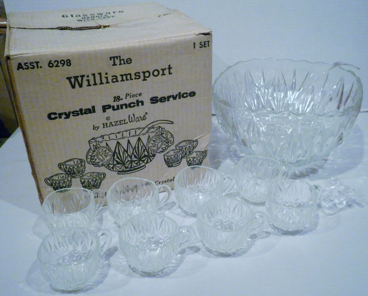 Vintage Hazel Ware Williamsport 18 Piece Crystal Punch Bowl & Cups