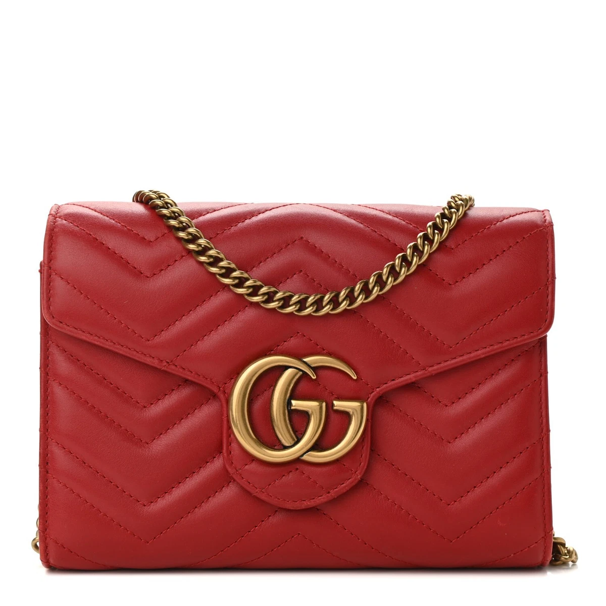 Gucci GG Chain Wallet Marmont Calfskin Woc Red Matelass Leather