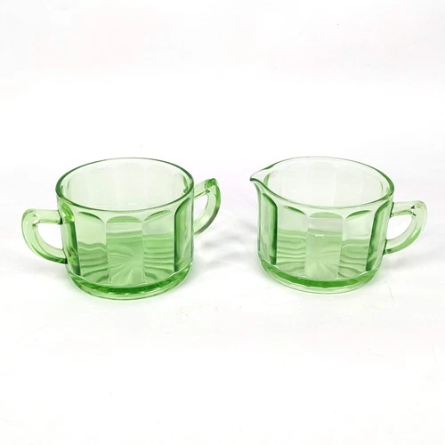 Hazel Atlas Green Uranium Glass Creamer & Sugar Bowl - vintage UV glow