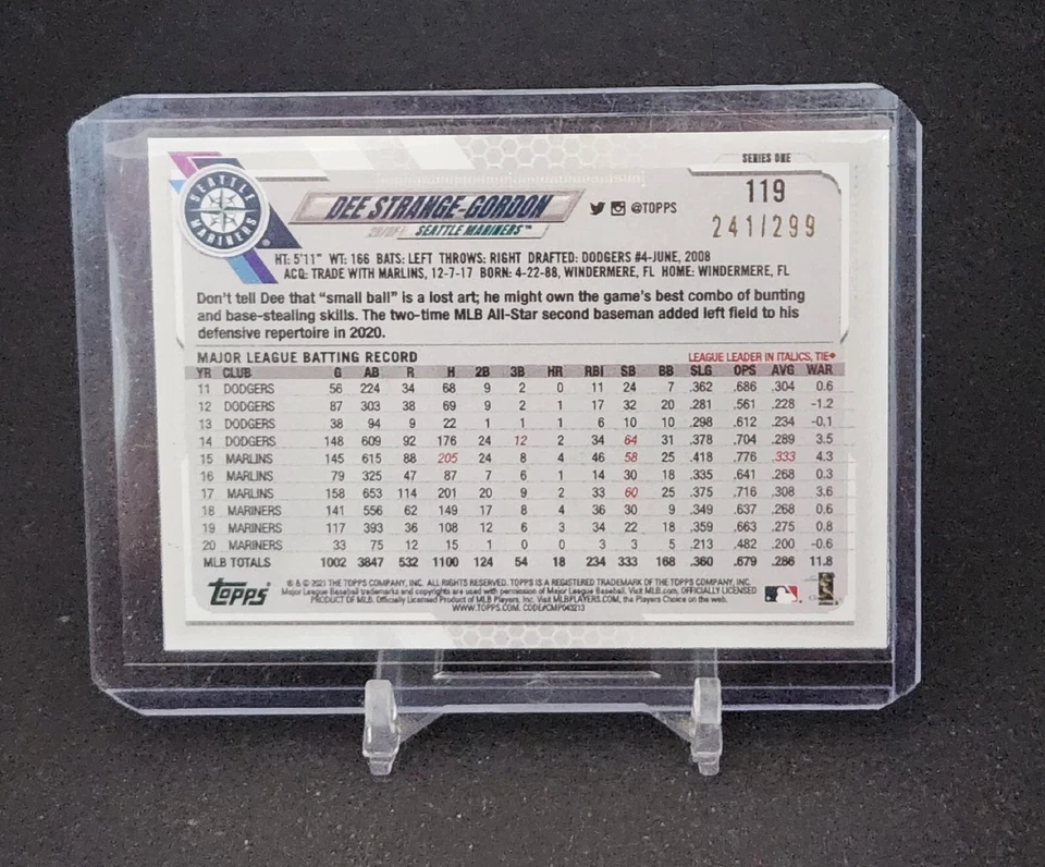 Dee Strange-Gordon 2021 Topps Series 1 /299 Orange ICE #119 Mariners - Image 2 of 3