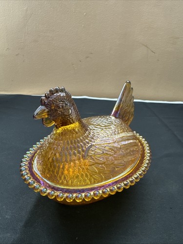 Vintage MCM Indiana Glass Iridescent Amber Hen Chicken On Nest Covered Dish 7"