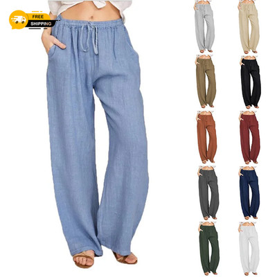 Leinenhose Sommer und Herbst einfarbig High Waist weites Bein Hose weiblich locker er