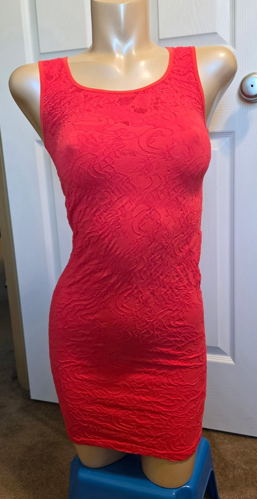 Bebe Lace-like Stretch Tank Mini Bodycon Dress Women’s M-L Beach Spring Glam Red