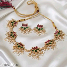 Lotus Design Kundan Necklace With Earrings Jewelry For Her Wear Fashion Style
