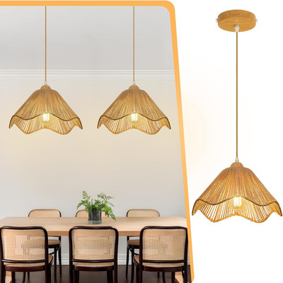2 Pack 12.4'' Boho Rattan Chandelier Pendant Lights for Kitchen & Dining Room